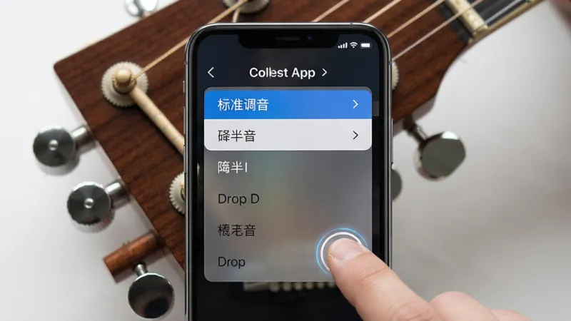 一张展示免费吉他调音App在不同调音模式间切换的图片，画面中手机屏幕显示下拉菜单，菜单里列出标准调音、降半音、Drop D等选项，背景是吉他琴头和调音旋钮，布局为手机居中，风格简约科技感，细节有菜单高亮和手指点击动作，画质干净清晰，无多余元素