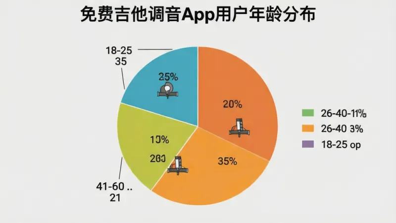 一张展示免费吉他调音App用户年龄分布的饼状图图片，画面中央是饼状图，分为三个扇形区域分别标注18-25岁35%、26-40岁40%、41-60岁25%，背景是浅灰色，布局为图表居中，风格扁平化数据可视化，细节有图例和百分比标签，画质干净清晰，无多余元素