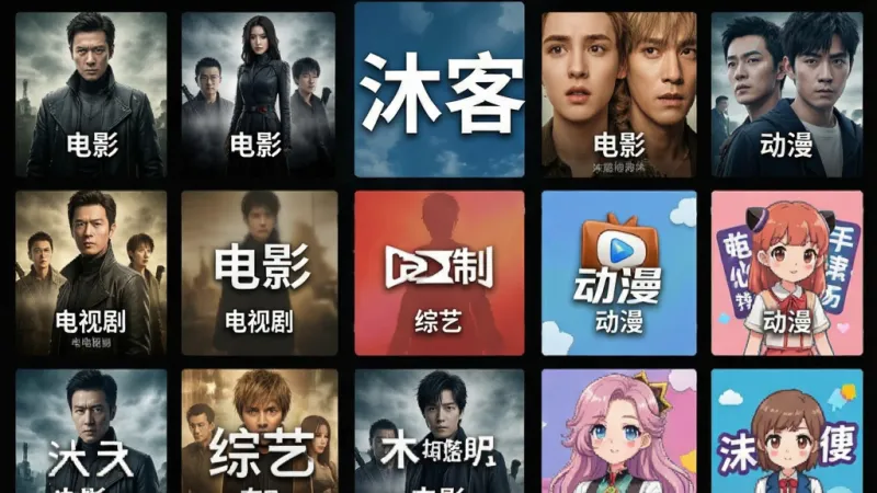 一张沐客软件内容分类页面的图片，画面中显示“沐客”字样，布局为网格状海报墙，包含电影、电视剧、综艺、动漫等分类标签，风格明亮清晰，细节丰富，画质干净无多余元素