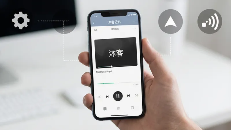 一张展示沐客软件在手机上运行的操作示意图，画面中一只手拿着手机，屏幕显示沐客播放界面，周围有设置图标和网络信号图标，布局直观，风格写实，细节清晰，画质干净无多余元素
