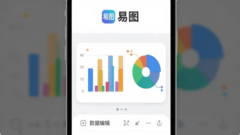 一张展示易图App核心界面的图片，主体是手机屏幕，屏幕上显示着色彩明快的柱状图和饼图，布局简洁，上方有易图的Logo，中间是图表预览区，下方是数据编辑栏，风格现代扁平，细节圆润清晰，画质干净无多余元素