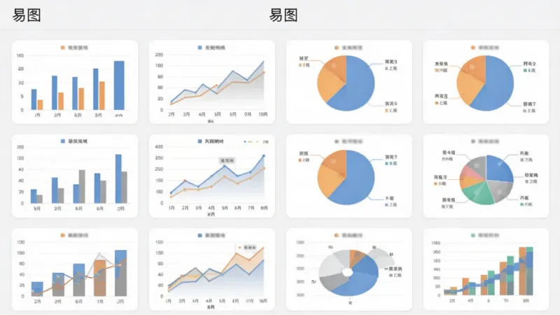 易图App的模板选择界面截图，画面中整齐排列着多种风格的图表模板缩略图，包括柱状图、折线图、饼图等，界面顶部有“易图”字样，整体布局为网格状，风格清新简约，画质清晰干净