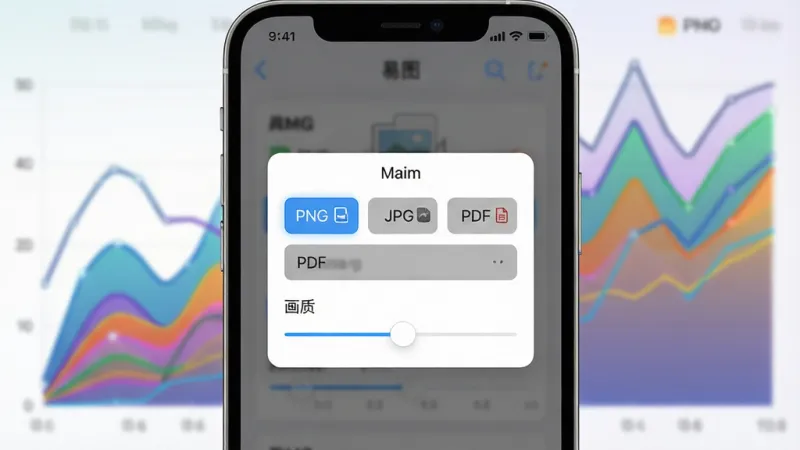 一张展示易图App导出功能的界面图，画面中手机屏幕显示导出设置弹窗，有“PNG”“JPG”“PDF”选项和画质滑动条，背景是色彩丰富的折线图，风格科技感，细节清晰，画质干净无多余元素