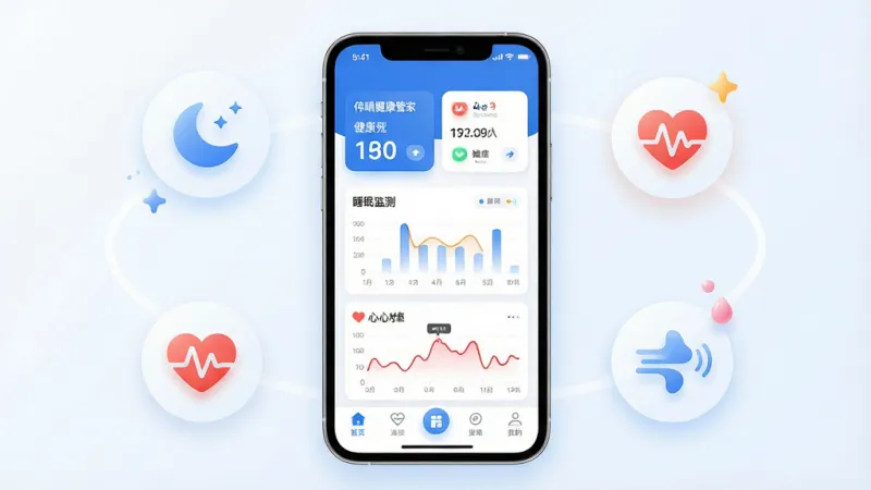 一张展示伟晴健康管家应用核心界面的图片，画面中央是一个简洁的智能手机屏幕，屏幕内显示伟晴健康管家的主界面，界面以蓝白配色为主，顶部有醒目的健康数据概览卡片，中间是睡眠监测图表和心率曲线，底部是功能导航栏，手机周围环绕着柔和的睡眠、心率、呼吸等抽象图标，整体布局清晰，风格现代简约，细节圆润，画质干净，无多余元素。