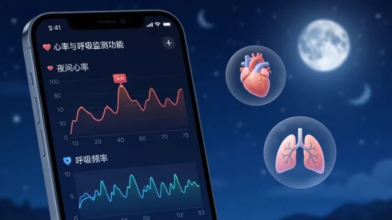 一张展示伟晴健康管家心率与呼吸监测功能的图片，画面主体是一个手机屏幕，屏幕上显示着夜间心率曲线和呼吸频率的波形图，图表线条清晰流畅，背景是深蓝色的夜空和柔和的月光，手机旁边漂浮着心脏和肺部的抽象图标，整体风格科技感十足，排版简洁，画质干净，无多余元素。