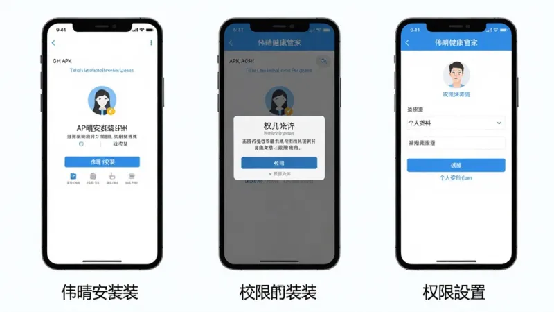 一张展示伟晴健康管家安装与权限设置步骤的图片，画面分为三个手机屏幕并排展示，第一个屏幕显示APK安装界面，第二个屏幕显示权限允许弹窗，第三个屏幕显示个人资料填写页面，每个屏幕下方有简洁的文字标注，整体风格扁平化，蓝白配色，布局清晰，画质干净，无多余元素。
