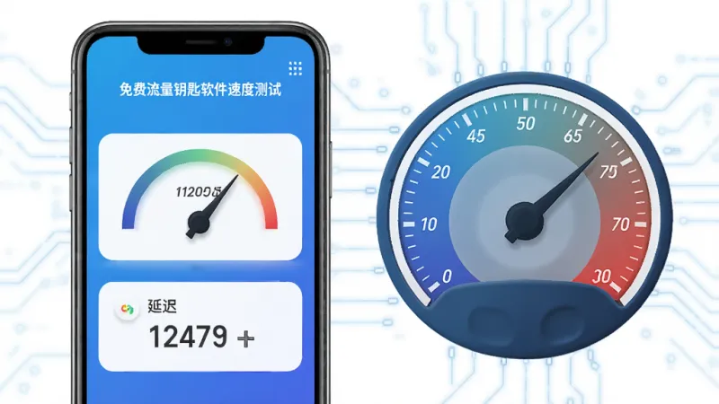 免费流量钥匙软件速度测试页面，手机屏幕显示下载速度和延迟数值，旁边有仪表盘样式的速度表，背景是简约的科技感线条，蓝色渐变风格，画质清晰干净无多余元素
