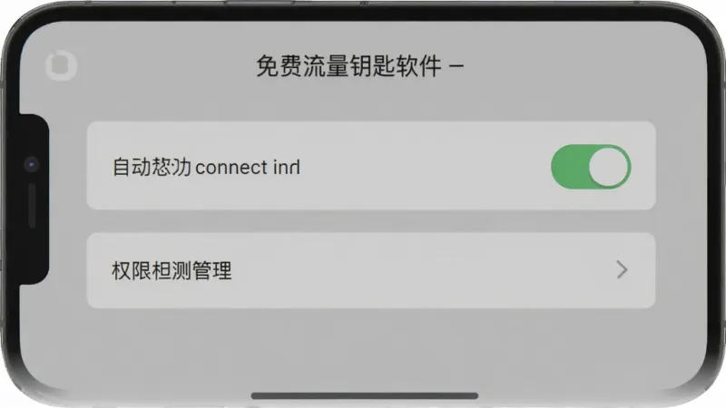免费流量钥匙软件设置页面截图，手机屏幕显示自动连接开关和权限管理选项，背景是简洁的灰色调界面，扁平化设计，画质清晰干净无多余元素