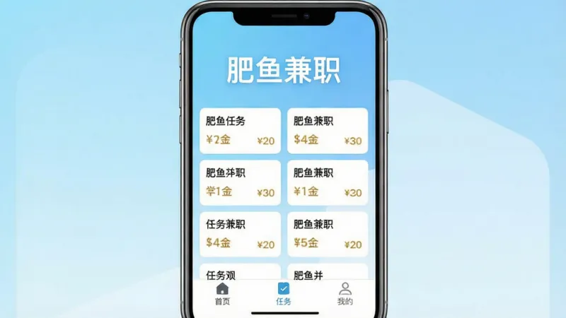 一张手机屏幕展示图，画面中央是“肥鱼兼职”APP的主界面，背景是清爽的浅蓝色渐变，界面顶部显示“肥鱼兼职”四个大字，下方是排列整齐的任务卡片列表，每张卡片上有任务名称和赏金金额，底部导航栏有“首页”“任务”“我的”三个图标，整体风格简洁现代，画质干净清晰，无多余元素