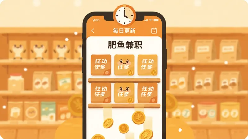 一幅扁平化插画，画面中央是一个巨大的手机屏幕，屏幕内显示“肥鱼兼职”的任务列表界面，一个个任务卡片像超市货架上的商品一样整齐排列，屏幕上方有一个时钟图标表示“每日更新”，屏幕下方有金币掉落，整体色调是温暖的橙黄色系，风格活泼亲切，画质干净无多余元素
