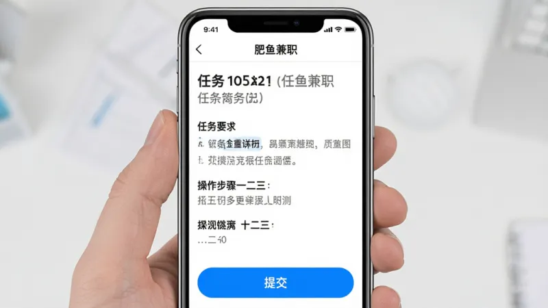 一张手机界面截图风格的图片，展示“肥鱼兼职”APP的任务详情页，页面上有任务标题、任务要求、操作步骤一二三、提交按钮，界面简洁清晰，背景是白色，按钮是醒目的蓝色，文字标签明确，整体布局干净利落，风格现代扁平，画质清晰无多余元素
