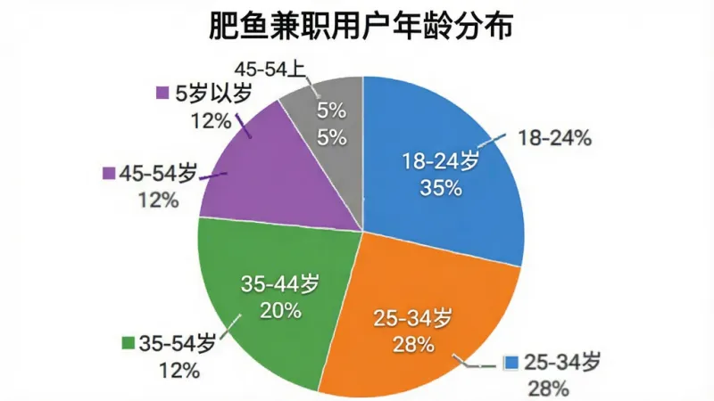 一张饼状图，标题为“肥鱼兼职用户年龄分布”，饼图分为五个扇形区域，分别标注“18-24岁 35%”“25-34岁 28%”“35-44岁 20%”“45-54岁 12%”“55岁以上 5%”，颜色分别为蓝色、橙色、绿色、紫色、灰色，图表简洁清晰，数据标签明确，背景白色，画质干净无多余元素