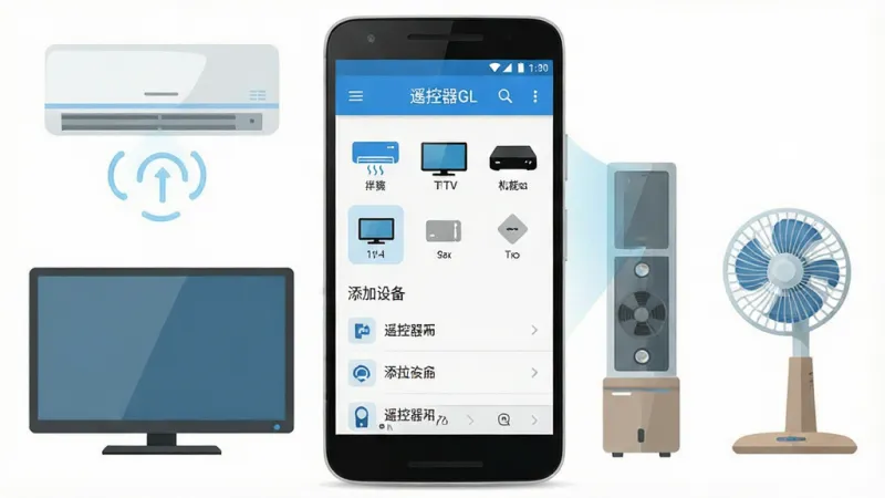一张展示手机变身万能遥控器的场景图，画面中央是一部安卓手机，屏幕显示