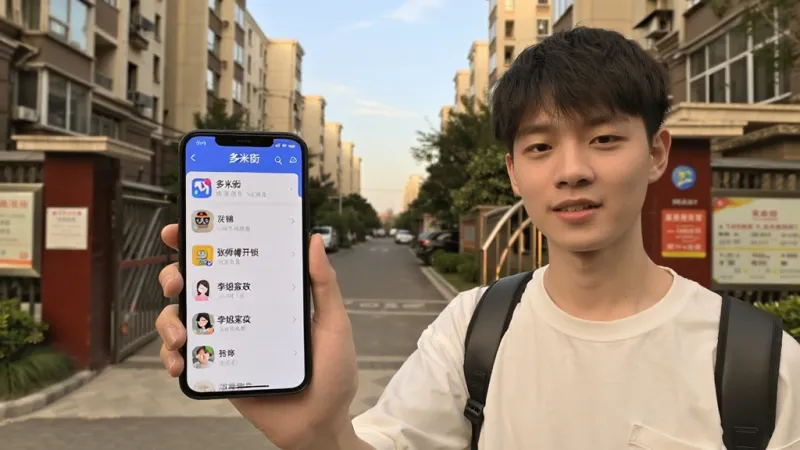 一位年轻人拿着手机站在小区门口，手机屏幕上显示