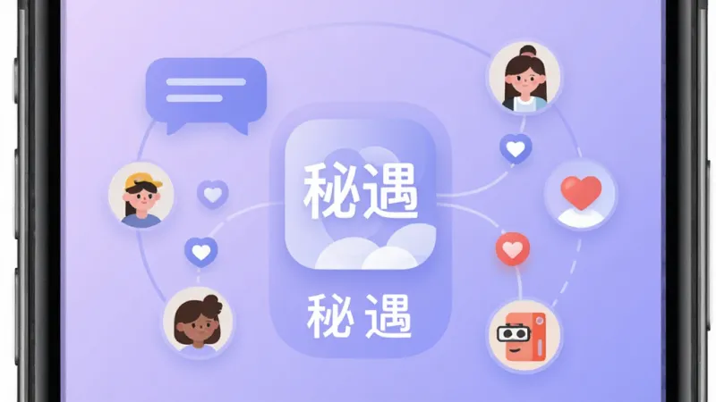 手机屏幕展示“秘遇”社交应用主界面，淡紫色渐变背景，中心是“秘遇”App图标和名称，周围环绕聊天气泡、用户头像和心形连接线，排版简洁现代，风格清新扁平，细节圆润，画质干净无多余元素
