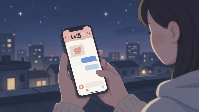 夜间城市天台，一个人拿着手机屏幕亮着，屏幕显示“秘遇”匿名树洞聊天界面，背景是星星点点的城市灯光，风格治愈安静，画质干净无多余元素