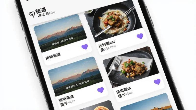 手机界面展示“秘遇”动态广场，瀑布流布局，卡片上有风景照、美食图和简短文字，点赞图标是紫色爱心，背景白色，排版整齐，风格清新，画质干净无多余元素