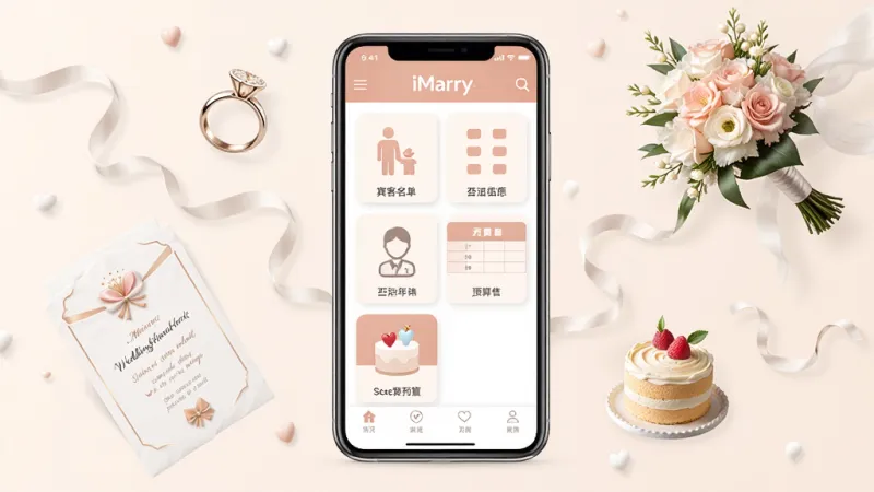 一张展示iMarry应用主要功能的合成示意图，画面中央是手机屏幕，屏幕内显示iMarry的婚礼筹备主界面，包含宾客名单、座位图、预算表等图标，手机周围漂浮着婚礼相关的元素，如戒指、捧花、请柬、小蛋糕，整体布局采用居中构图，风格温馨现代，细节精致，画质干净清晰，无多余元素