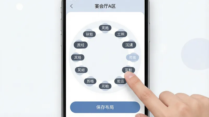 iMarry应用内宾客座位安排界面的详细展示图，画面主体是手机屏幕，屏幕中显示一个圆桌座位图，每个座位上有宾客姓名标签，用户正在用手指拖拽一位宾客到另一个空位，界面顶部有“宴会厅A区”字样，底部有“保存布局”按钮，整体布局清晰，风格简洁现代，细节圆润，画质干净，无多余元素
