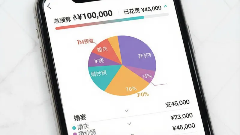 iMarry应用内预算管理界面的展示图，画面主体是手机屏幕，屏幕中显示一个饼状图，不同颜色代表婚宴、婚庆、婚纱照等开销类别，饼图下方有详细的支出列表和金额，界面顶部显示“总预算 100,000”和“已花费 45,000”的进度条，整体布局清晰，风格现代扁平，细节精致，画质干净，无多余元素