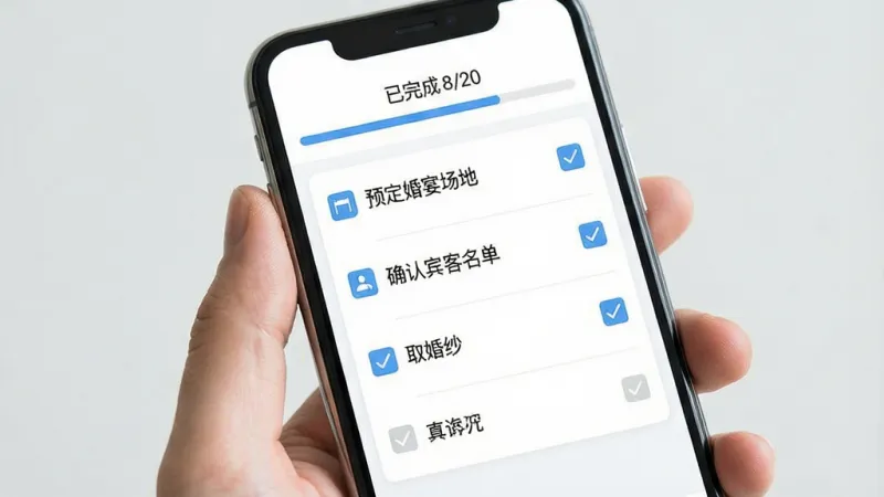 iMarry应用内任务清单界面的展示图，画面主体是手机屏幕，屏幕中显示一个待办事项列表，包含“预定婚宴场地”“确认宾客名单”“取婚纱”等任务，每个任务前有复选框，部分任务已勾选，界面顶部有进度条显示“已完成 8/20”，整体布局清晰，风格简洁明快，细节干净，画质清晰，无多余元素