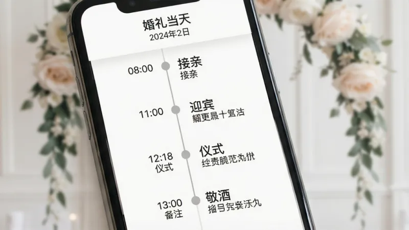 iMarry应用内婚礼当天时间轴界面的展示图，画面主体是手机屏幕，屏幕中显示一条垂直的时间轴，时间轴上标注了“08:00 接亲”“11:00 迎宾”“12:18 仪式”“13:00 敬酒”等节点，每个节点旁有负责人姓名和备注，界面顶部显示“婚礼当天”和日期，整体布局清晰，风格现代简约，细节精致，画质干净，无多余元素