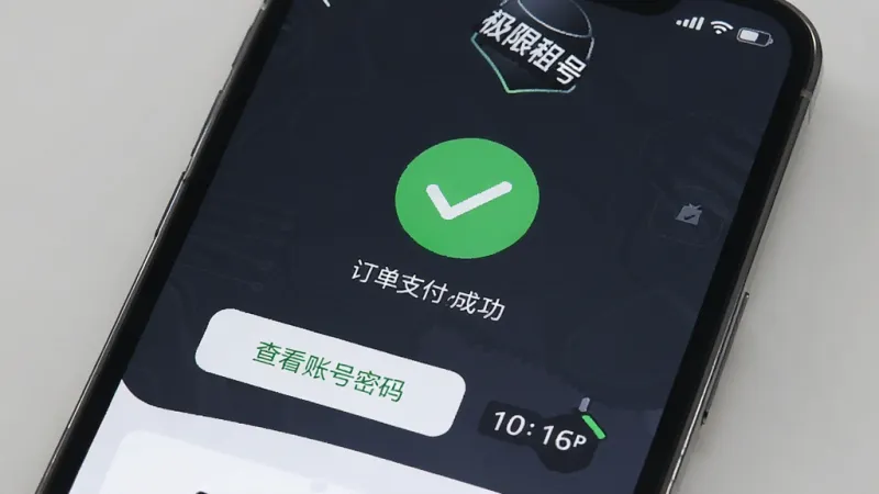 一张展示手机屏幕上“极限租号”软件订单支付成功后的界面图片，画面中显示订单已完成的绿色对勾图标，下方有“查看账号密码”的按钮，旁边有计时器显示用时极短。整体布局简洁，排版直观，风格现代科技感，细节清晰，画质干净，无多余元素。