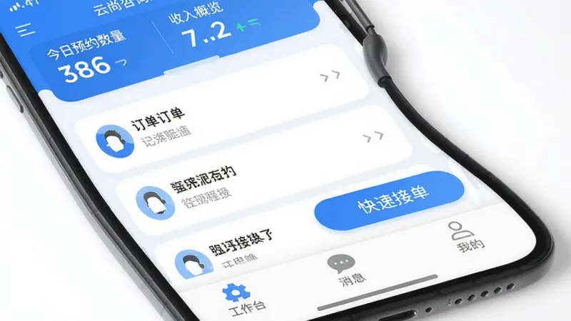 云尚心理咨询师端 手机应用主界面 简洁蓝白配色 顶部显示今日预约数量与收入概览 中部为订单列表卡片与快捷接单按钮 底部导航栏包含工作台、消息、我的三个选项卡 扁平化设计 圆角图标 画质清晰 干净 无多余元素