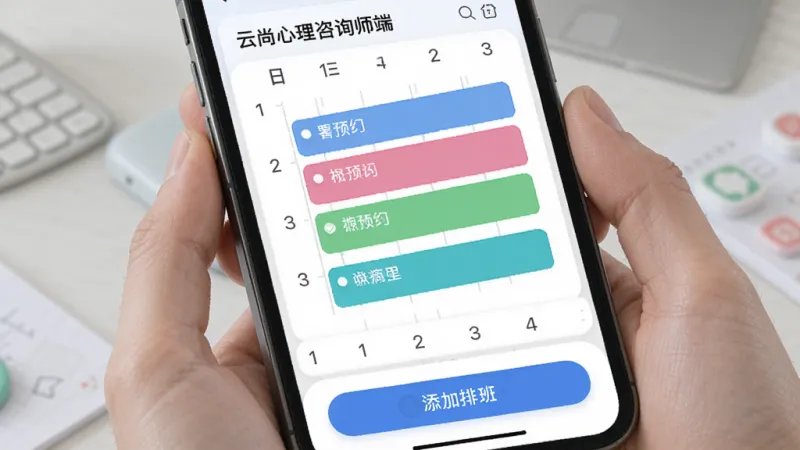 云尚心理咨询师端 日程排班界面 手机日历视图 显示不同颜色的预约色块 底部有添加排班按钮 界面清爽 圆角卡片设计 画质清晰 风格现代