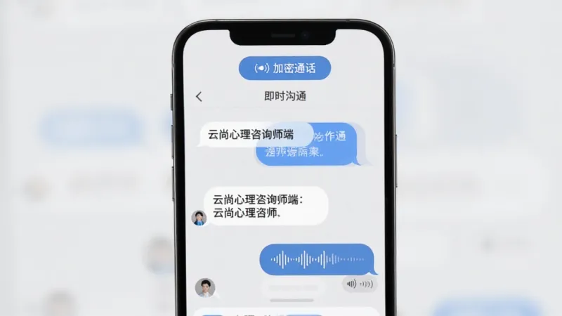 云尚心理咨询师端 即时沟通界面 手机屏幕显示聊天对话框 包含文字消息与语音条 顶部显示加密通话按钮 背景为浅灰色 气泡设计圆润 画质干净 无多余元素
