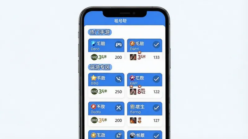 一张“租号帮”APP账号分类页面的示意图，画面主体是手机屏幕，屏幕内展示多个游戏分类标签，如“热门手游”“端游专区”等，每个分类下排列着账号卡片，卡片上有段位和皮肤数量的文字标识，布局为纵向列表，风格为简洁的卡片式设计，色调以蓝白为主，画质干净，无多余装饰