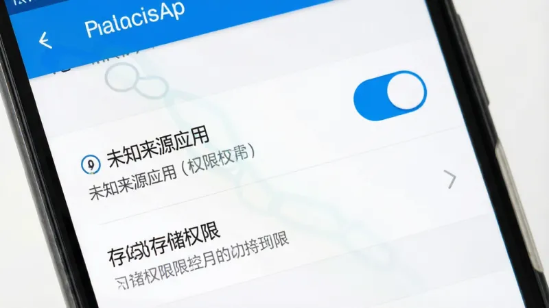一张展示手机安装应用时权限设置界面的示意图，画面为手机屏幕特写，屏幕内显示“未知来源应用”权限开关和存储权限选项，布局为设置列表样式，风格为系统原生扁平设计，配色为白底蓝字，画质清晰，文字标注明确，无多余元素