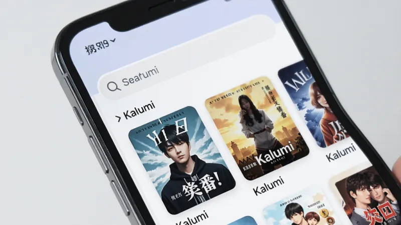 一张展示Kalumi应用界面特写的图片,画面中手机屏幕显示干净无广告的追番列表,上方有搜索框,下方是封面整齐排列的番剧卡片,风格极简,配色柔和,画质清晰,无多余元素,图片中带有