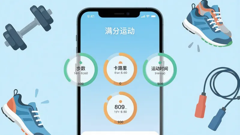 一张展示“满分运动”App主界面的手机屏幕截图,屏幕中央显示运动数据仪表盘,包含步数、卡路里和运动时长三个圆环图表,背景为浅蓝色渐变,界面干净清爽,周围环绕着哑铃、跑鞋和跳绳等运动元素插画,风格现代扁平,画质清晰干净,无多余元素
