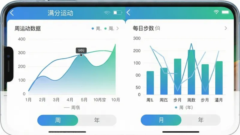 一张展示“满分运动”App运动记录详情页面的手机屏幕截图,屏幕中显示一周运动数据折线图和每日步数柱状图,图表配色为蓝绿渐变,底部有“周”“月”“年”三个切换标签,界面布局规整,文字标签清晰,风格清爽扁平,画质干净无多余元素
