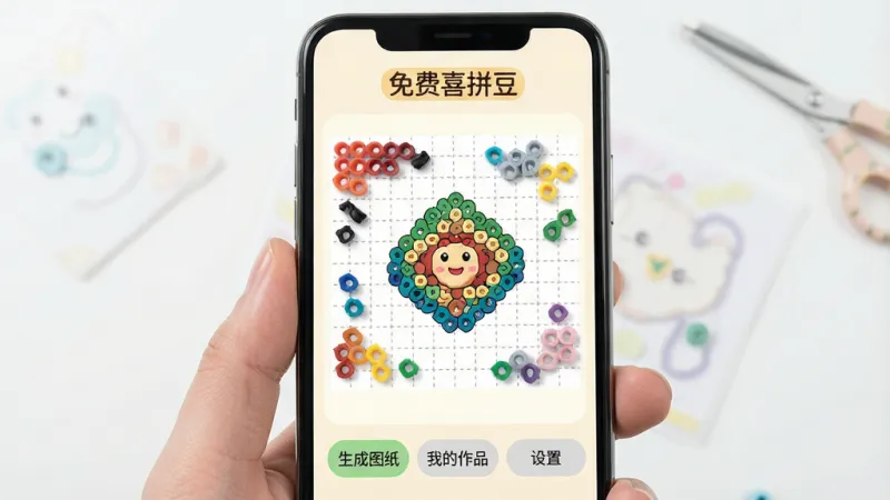 一张展示手机屏幕的图片,屏幕中央是“免费喜拼豆”软件的主界面,界面以浅色背景为主,顶部有软件名称“免费喜拼豆”字样,中间区域展示一张正在生成的拼豆图纸预览图,周围环绕着彩色拼豆颗粒和小格子网格,底部有“生成图纸”“我的作品”“设置”三个按钮,整体布局简洁清晰,风格轻松可爱,画质干净明亮,无多余元素