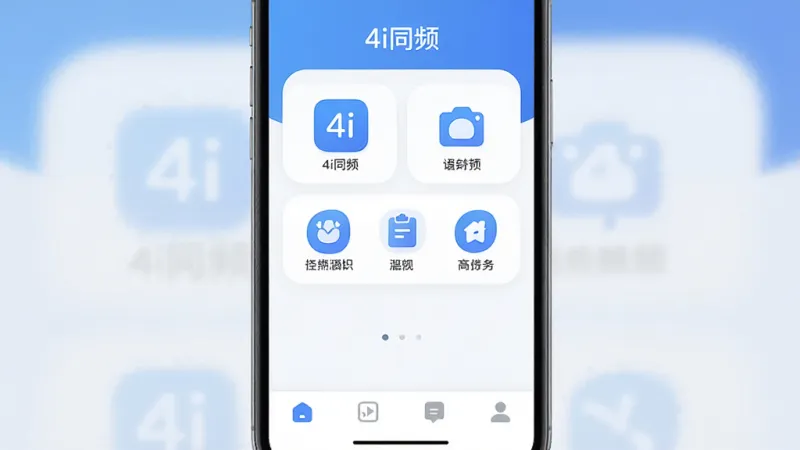 一张手机应用界面展示图,画面中央是“4i同频”应用主界面,顶部显示应用名称“4i同频”,中间是简洁的功能入口图标排列,底部有导航栏,整体布局清爽,蓝白配色为主,风格现代扁平化,细节圆润,画质干净清晰,无多余元素