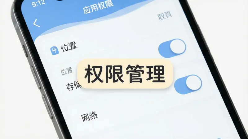 一张手机屏幕显示应用权限设置界面的示意图,画面中列出位置、存储、网络等权限开关选项,界面风格简洁,配色柔和,突出“权限管理”文字标签,画质干净清晰,无多余装饰元素