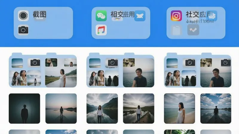 手机照片相册管家软件界面截图,展示智能分类功能,屏幕上方显示“截图”“相机”“社交应用”等分类文件夹,下方是每个文件夹内整齐排列的图片缩略图,界面以蓝色和白色为主色调,布局清晰,文字标签明确,风格现代扁平,画质干净无多余元素