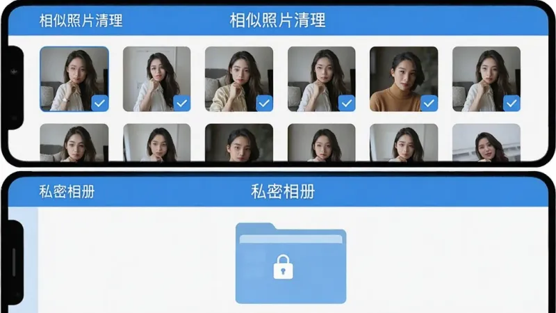 手机照片相册管家软件功能展示图,屏幕分为上下两部分,上半部分显示“相似照片清理”界面,有多张相似图片被勾选,下半部分显示“私密相册”界面,有一个带锁图标的文件夹,界面风格统一为蓝白扁平化设计,文字清晰,布局规整,画质干净