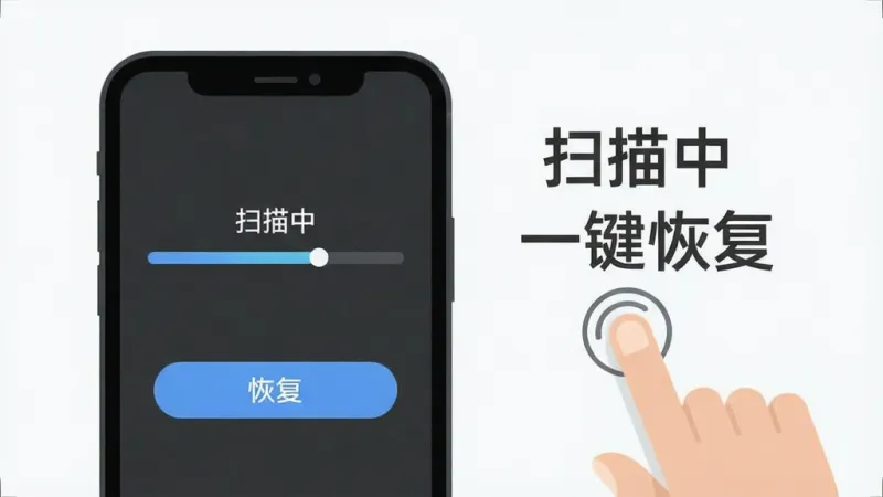 手机照片相册管家操作教程示意图,画面中一部手机屏幕上显示软件扫描进度条和“恢复”按钮,旁边有手指点击的示意动作,背景干净简洁,风格扁平化,文字标注“扫描中”“一键恢复”,画质清晰,无多余元素