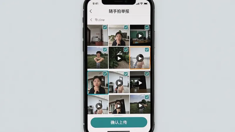 随手拍举报功能界面展示,画面中一部手机屏幕显示相册导入界面,网格状排列着多张待选图片和视频缩略图,部分文件被勾选高亮,底部有“确认上传”按钮,界面顶部标注“随手拍举报”字样,背景为浅灰色,风格清爽简约,细节清晰,画质干净