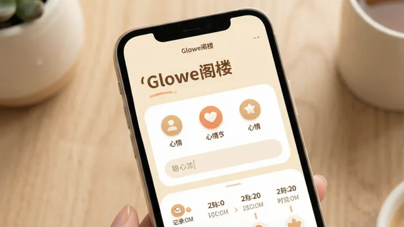 一张展示手机应用主界面的场景图,画面中央是手机屏幕,屏幕内显示名为“Glowe阁楼”的应用首页,顶部有温暖的问候语,中间是心情选择图标和文字输入框,底部是记录时间轴,整体布局简洁清晰,风格温暖治愈,色调以米白和浅木色为主,细节圆润柔和,画质干净清晰,无多余元素