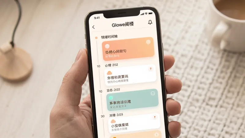 一张展示手机应用时间轴界面的场景图,画面中手机屏幕显示“Glowe阁楼”的情绪时间轴页面,屏幕上纵向排列着不同日期的心情记录卡片,卡片带有颜色标识和简短文字,布局整齐,风格柔和温暖,细节清晰,画质干净,无多余元素