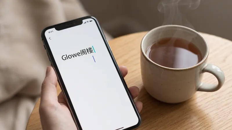 一张展示手机应用安静记录场景的图片,画面中手机屏幕显示“Glowe阁楼”的纯文字记录页面,屏幕干净只有文字和光标,旁边放着一杯热茶,环境安静温馨,风格极简治愈,细节柔和,画质干净,无多余元素