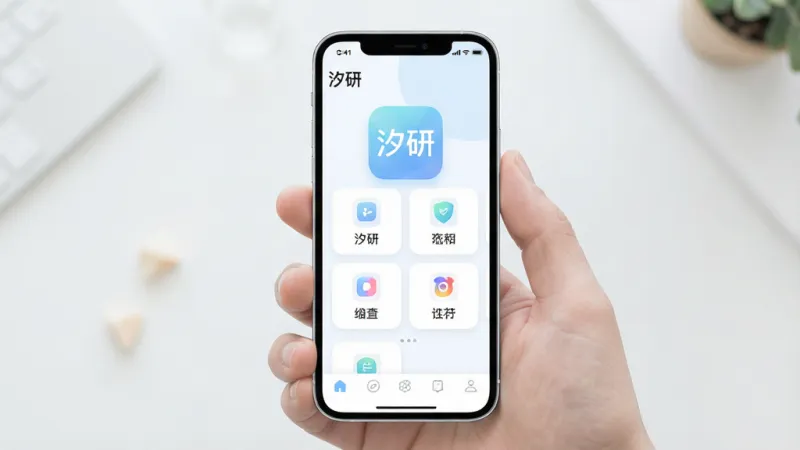 一张手机应用界面展示图,画面中央是名为“汐研”的应用图标和主界面,界面以浅色为主,布局简洁,顶部显示应用名称“汐研”,中间排列着几个功能入口卡片,卡片上有图标和文字标签,底部有导航栏,整体风格现代清爽,细节圆润,画质干净明亮,无多余元素