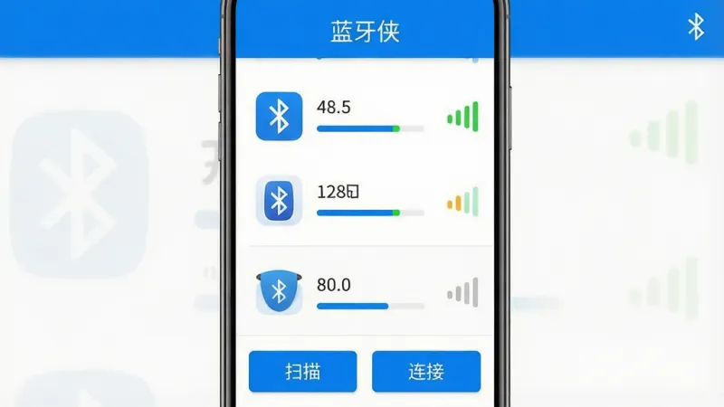 一张手机屏幕展示蓝牙设备列表的界面截图,画面中央是「蓝牙侠」软件的主界面,顶部标题栏写着「蓝牙侠」,中间排列着附近蓝牙设备的图标和信号强度条,底部是扫描和连接按钮,蓝白配色,扁平化设计,风格清爽简洁,细节干净无多余元素,画质清晰