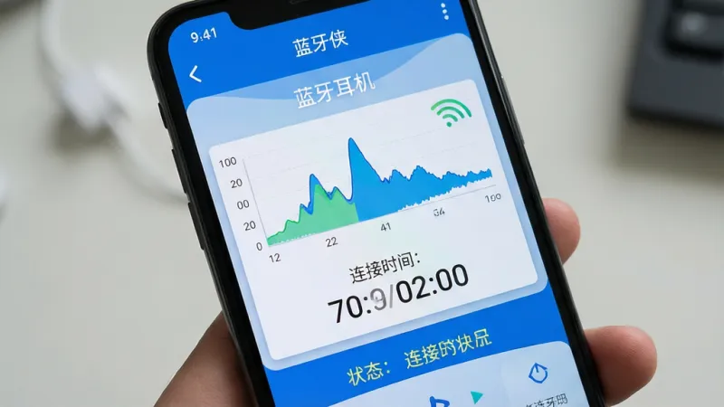 手机屏幕显示「蓝牙侠」连接状态监控页面,画面中央有信号强度波形图和连接时长计时器,顶部显示设备名称「蓝牙耳机」,底部有状态提示文字,界面以蓝色为主色调,数据可视化清晰,风格干净利落,画质清晰