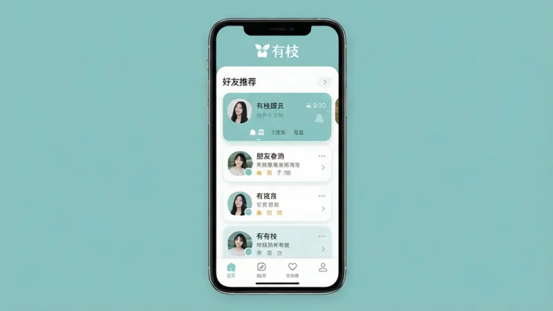 一张展示“有枝”App核心界面的手机样机图，画面中央是手机屏幕，屏幕内显示“有枝”App的主页，顶部有“有枝”Logo，中间是卡片式的好友推荐列表，底部是简洁的导航栏，整体布局干净清爽，风格现代扁平化，色彩以柔和的蓝绿色调为主，细节圆润，画质清晰，背景为纯色无多余元素