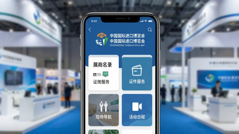 中国国际进口博览会官方APP主界面全貌展示，画面中央是一部智能手机，屏幕显示进博会官方APP首页，顶部有“中国国际进口博览会”字样与进博会标识，页面包含展商名录、证件服务、现场导航、活动日程等功能入口卡片，背景为简洁的展会大厅虚化场景，主体突出，布局居中对称，风格现代商务扁平化，细节清晰，画质干净，无多余元素